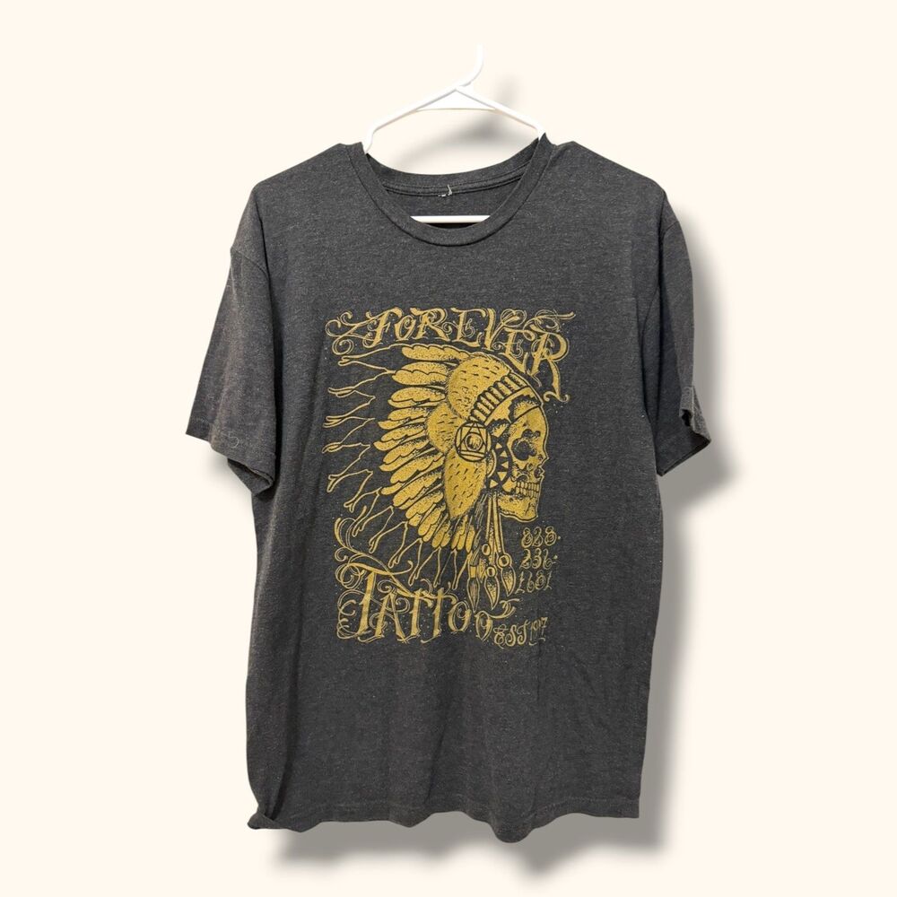 T-Shirt Mens M Dark Heather Gray Forever Tattoo Skull Graphic Tee